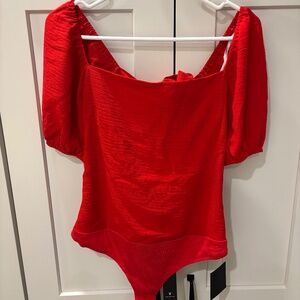 Abundance of Love Red Textured Puff Sleeve Tie-Back Bodysuit